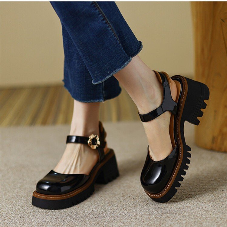 KIKIMORA Fashionable soft leather shoes with chunky heels