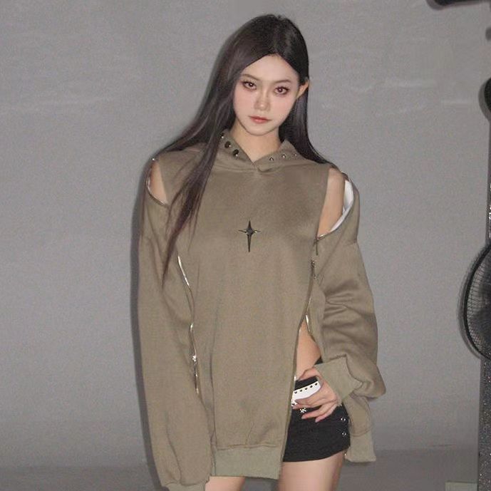 KIKIMORA Shoulder Zipper Hooded Sweater.