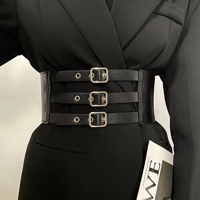 Ceinture rétro à trois rangées avec boucle d'aiguille en PU pour femmes, élastique, large, couverture de taille
