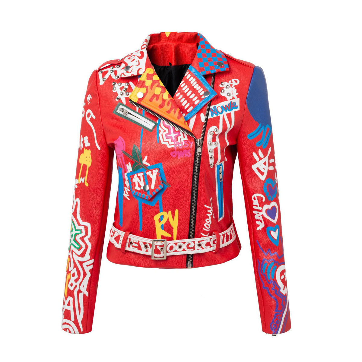 Veste de moto slim à revers avec ceinture graffiti et manches longues en cuir rouge