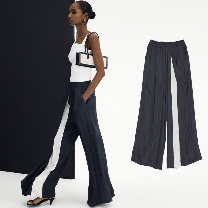 Pantalon ample à jambes larges pour femme, pantalon décontracté soyeux de couleur assortie