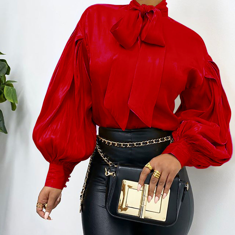 KIKIMORA Long Sleeve Solid Color Blouse.