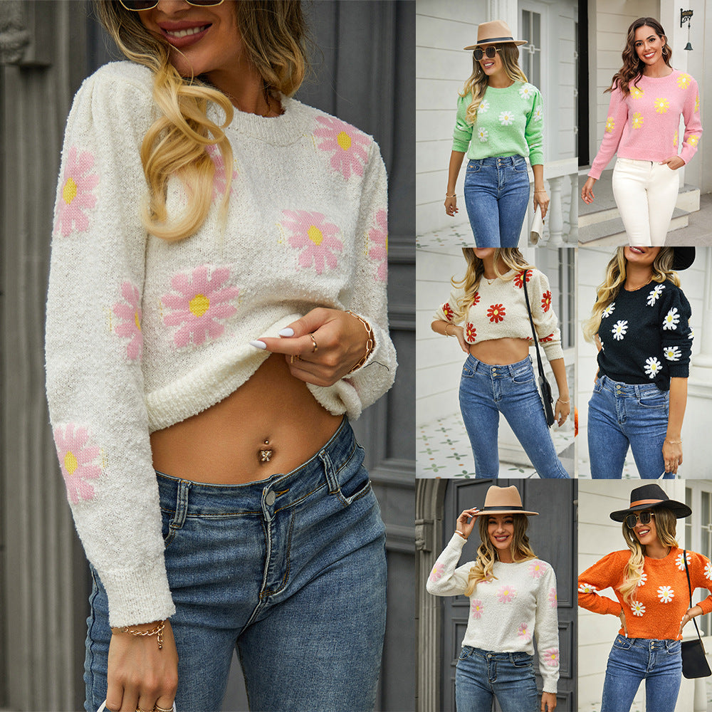 Floral Print Knit, Round Neck Pullover