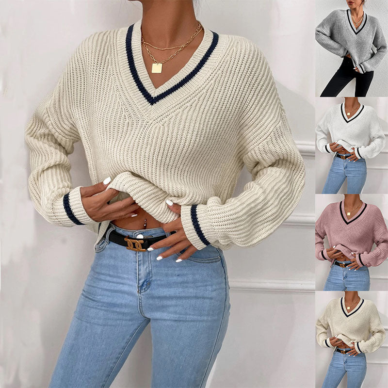 V Neck Long Sleeve Striped Pullover Sweater.