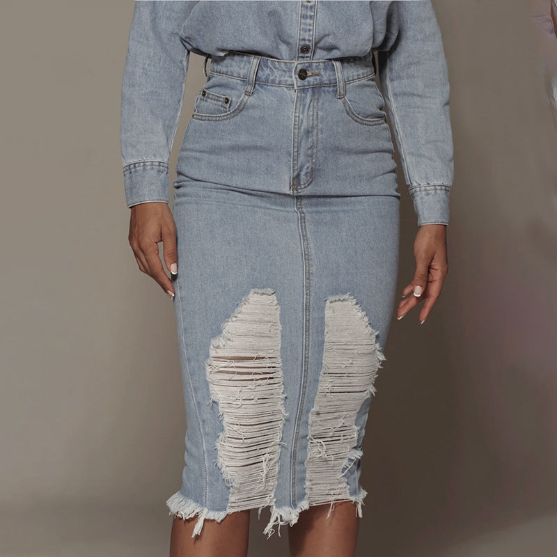 Mid-length Blue Denim Retro Skirt