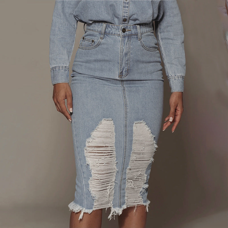Jupe rétro mi-longue en denim bleu