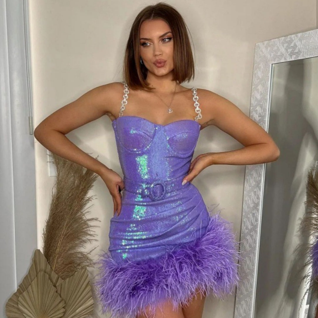 KIKIMORA Robe moulante à paillettes violettes avec ceinture en fourrure artificielle