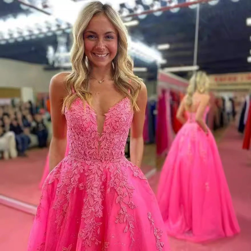 KIKIMORA Spaghetti Strap Tulle Applique Lace Long Dress