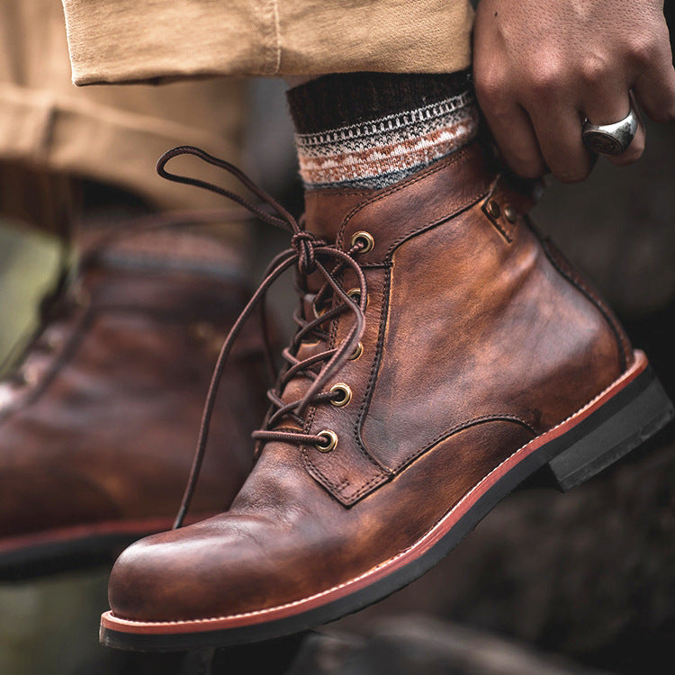 Bottes rétro hommes bottines en cuir à lacets chaussures de moto à talons bas