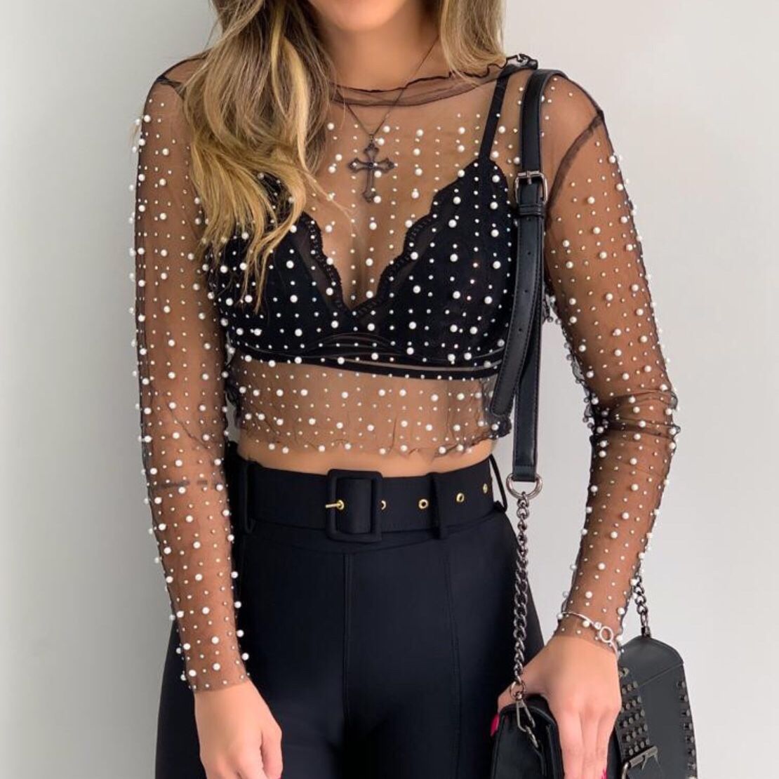 KIKIMORA Top transparente con cuentas de diamantes brillantes