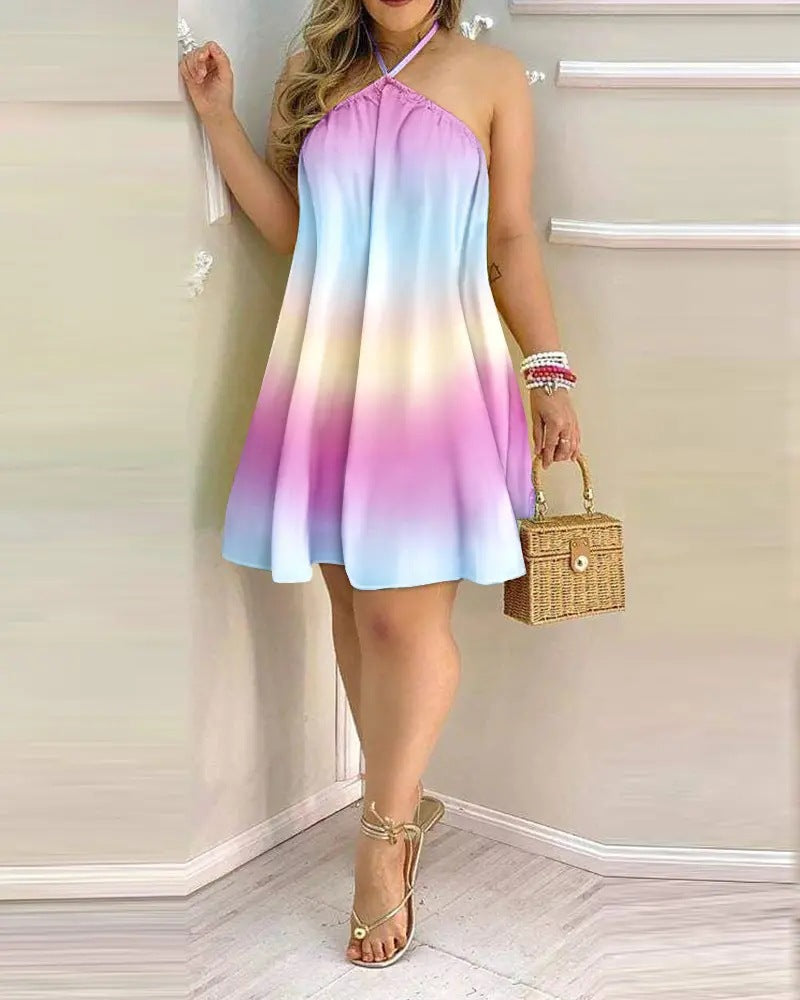 Robe sexy imprimée, épaules dénudées, col suspendu, sans manches.