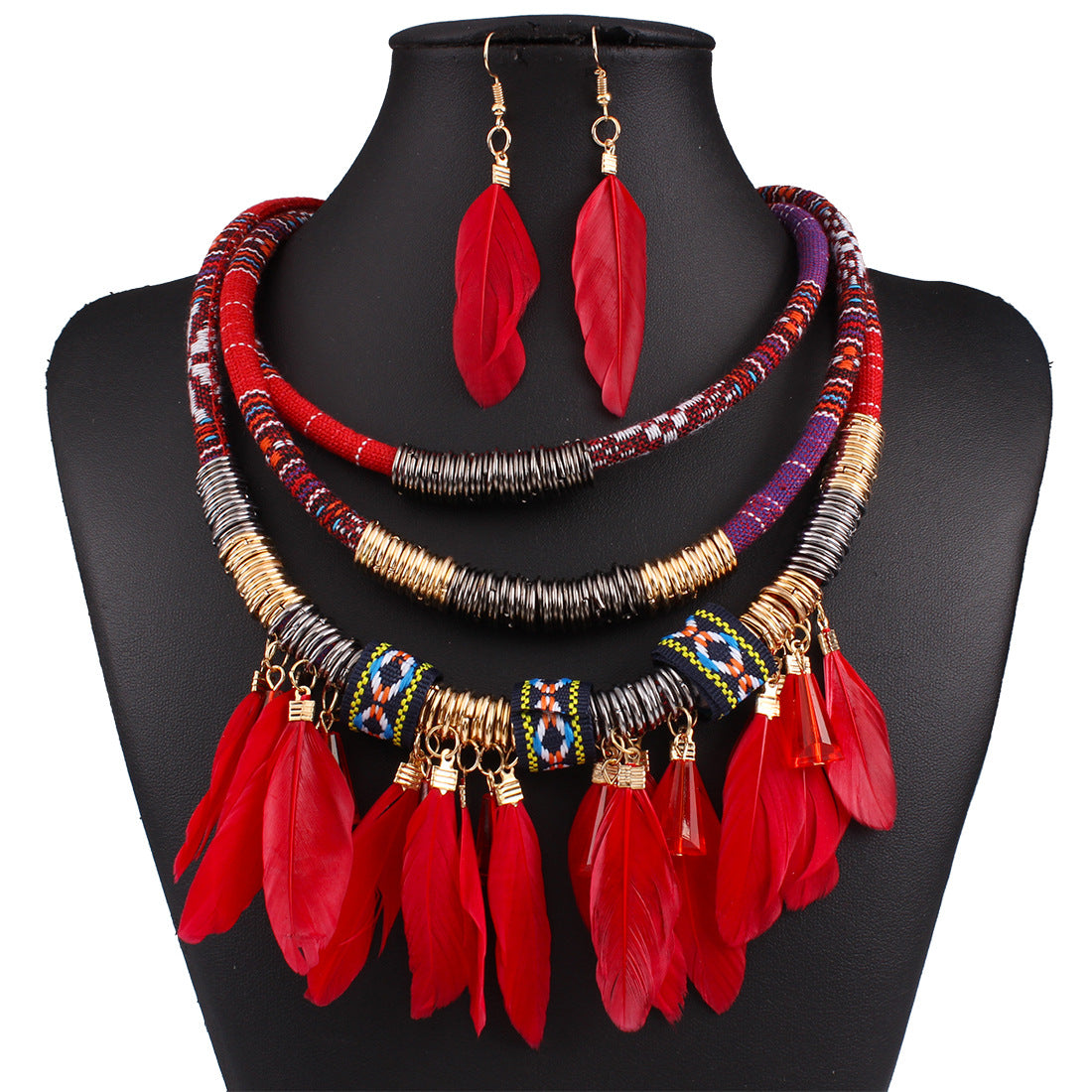 Feather tassel necklace earrings set