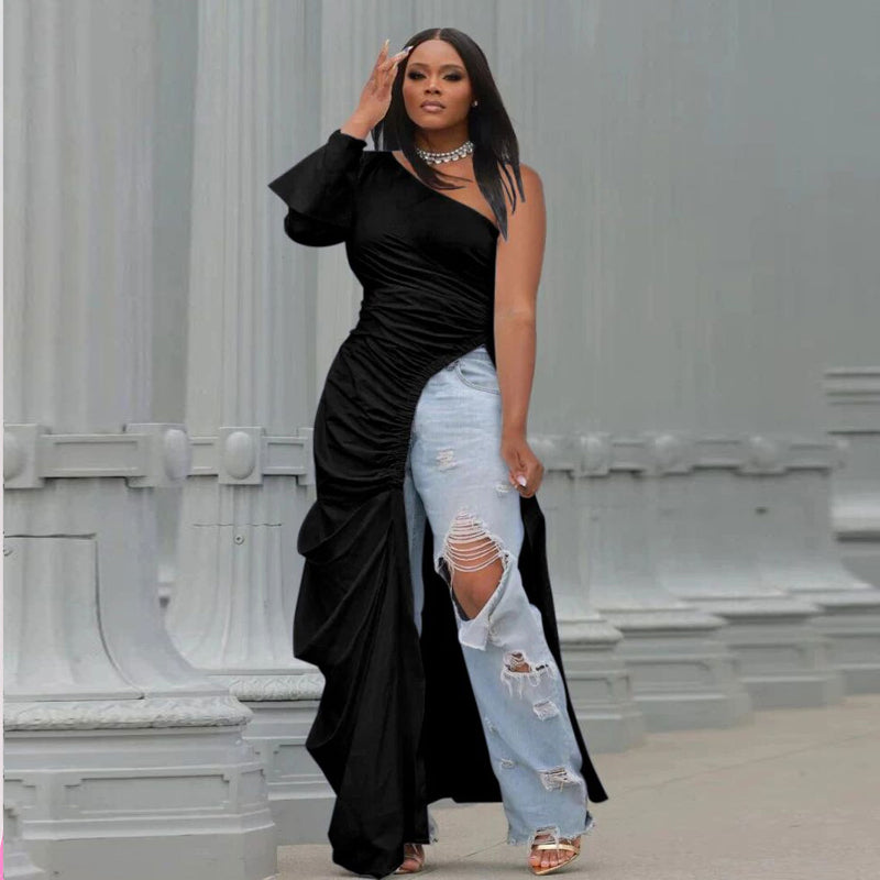 KIKIMORA Slim-fit Diagonal Shoulder Long-sleeved Dress