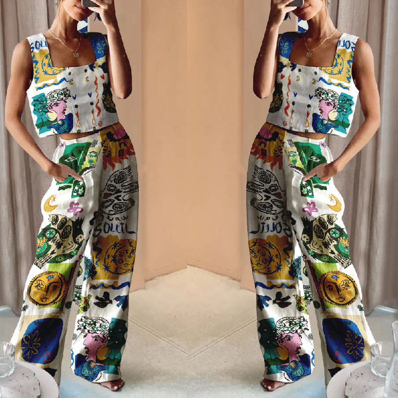 Costume gilet pantalon large imprimé à jambes larges