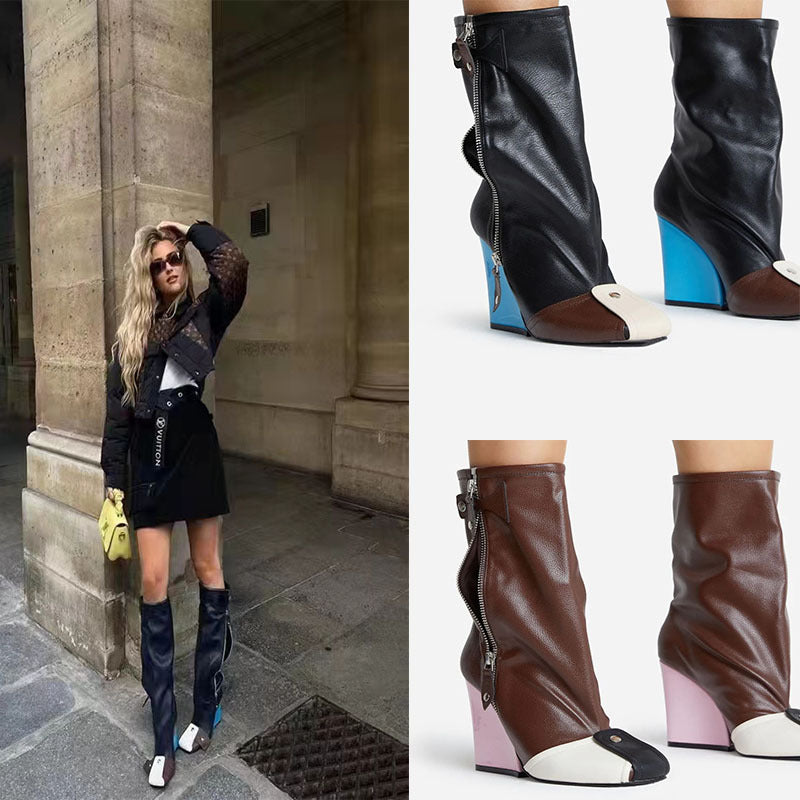 Bottes à talons compensés et bout rond en cuir avec fermeture éclair latérale