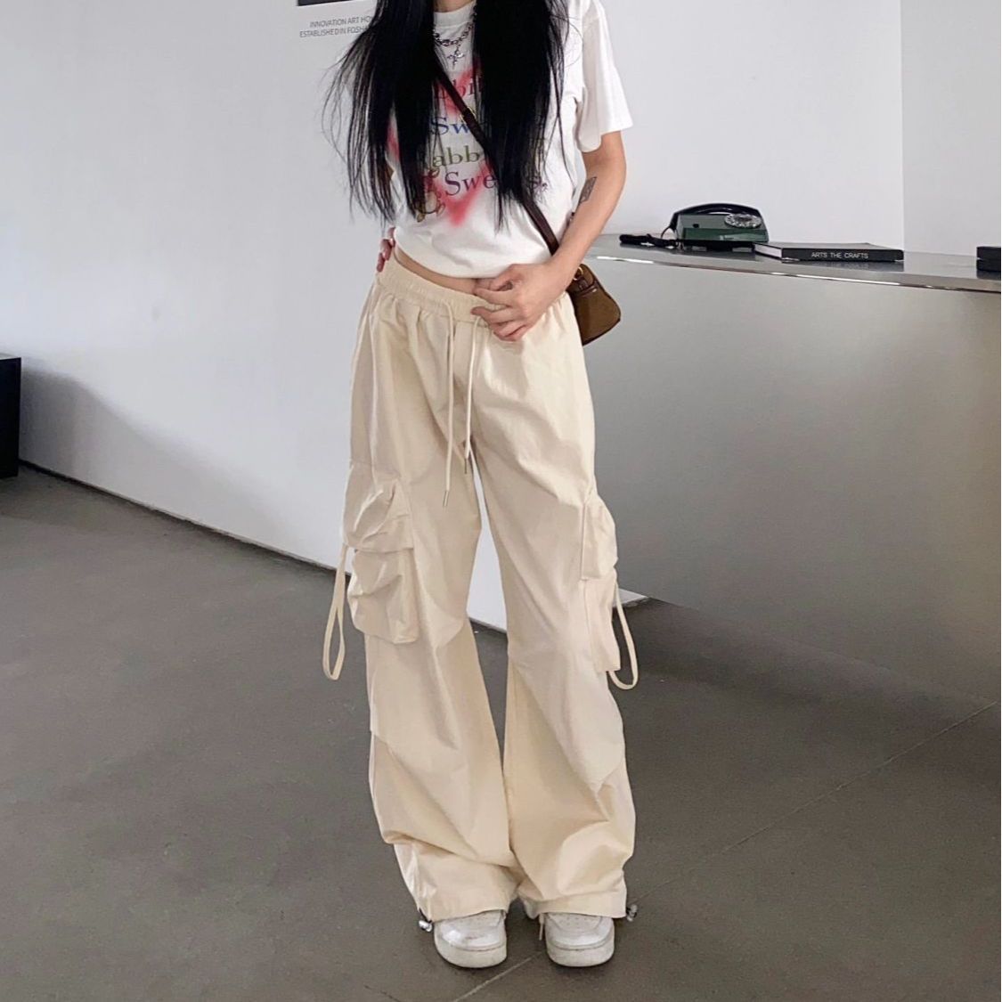 Pantalones rectos de pierna ancha con bolsillos grandes Pantalones de trabajo casuales