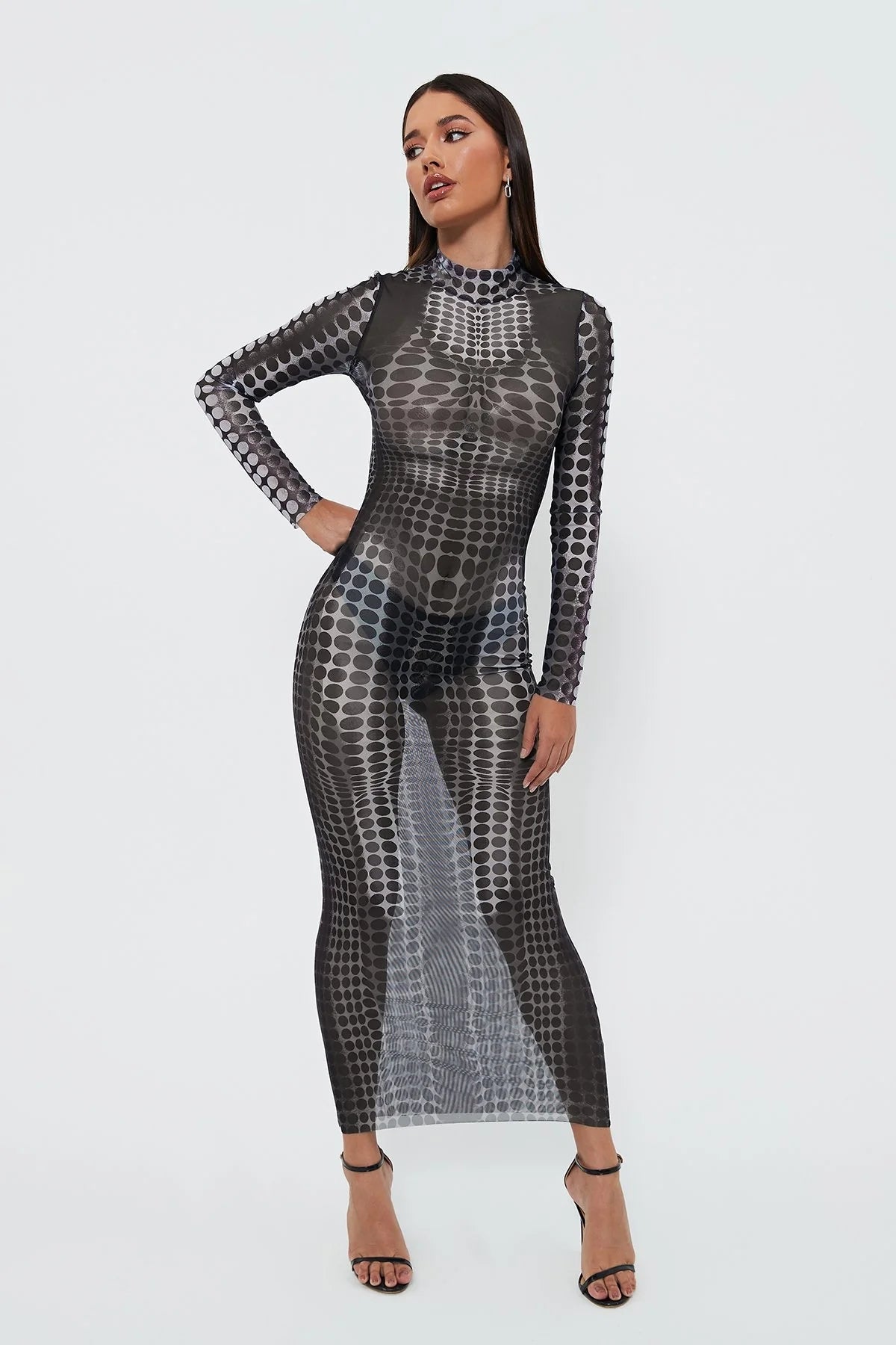 Robe longue moulante taille haute imprimée en maille transparente