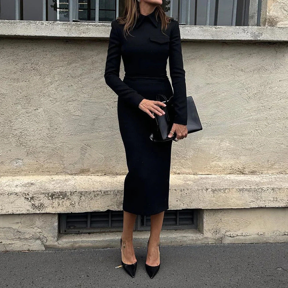 Robe slim à manches longues de couleur unie