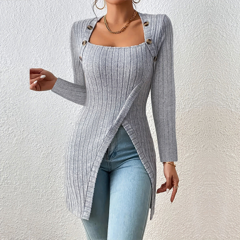 Square-neck Off-shoulder Slit Sweater