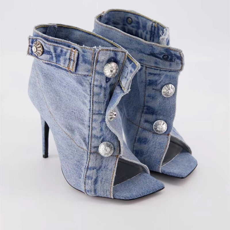 KIKIMORA Botas cortas peep toe denim de tacón alto con tachuelas