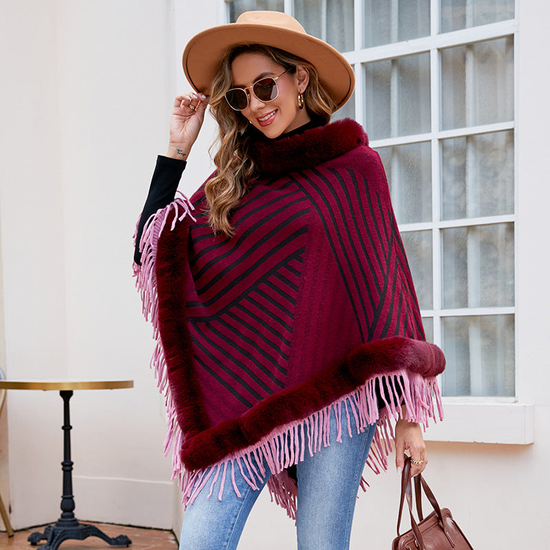 Drizzling Fur Collar Pullover Tassel Knitted Cape.