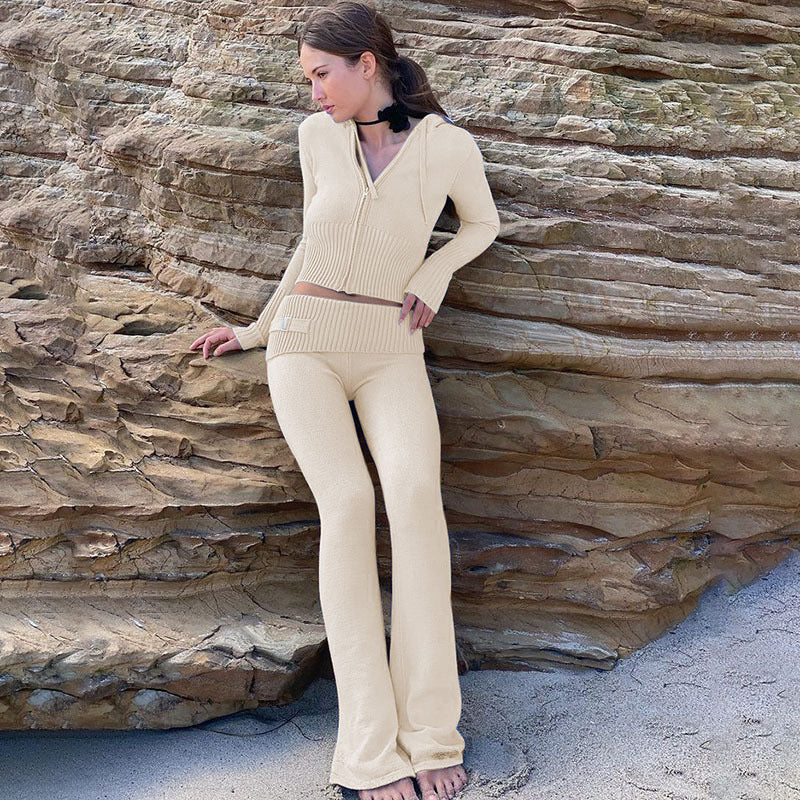2pcs Knitted Hooded Suits, Long-sleeved Cardigan And High Waisted Trousers Clothing