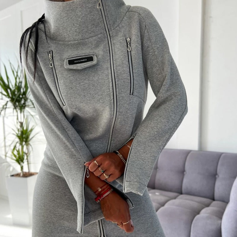 KIKIMORA Gray Turtleneck Zipper Design Slim Fit Dress