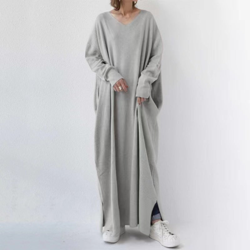 Robe trapèze tricotée à manches longues et col en V