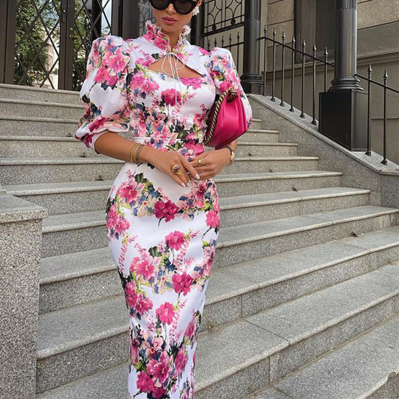 KIKIMORA Robe mi-longue imprimée à col montant coupe ajustée