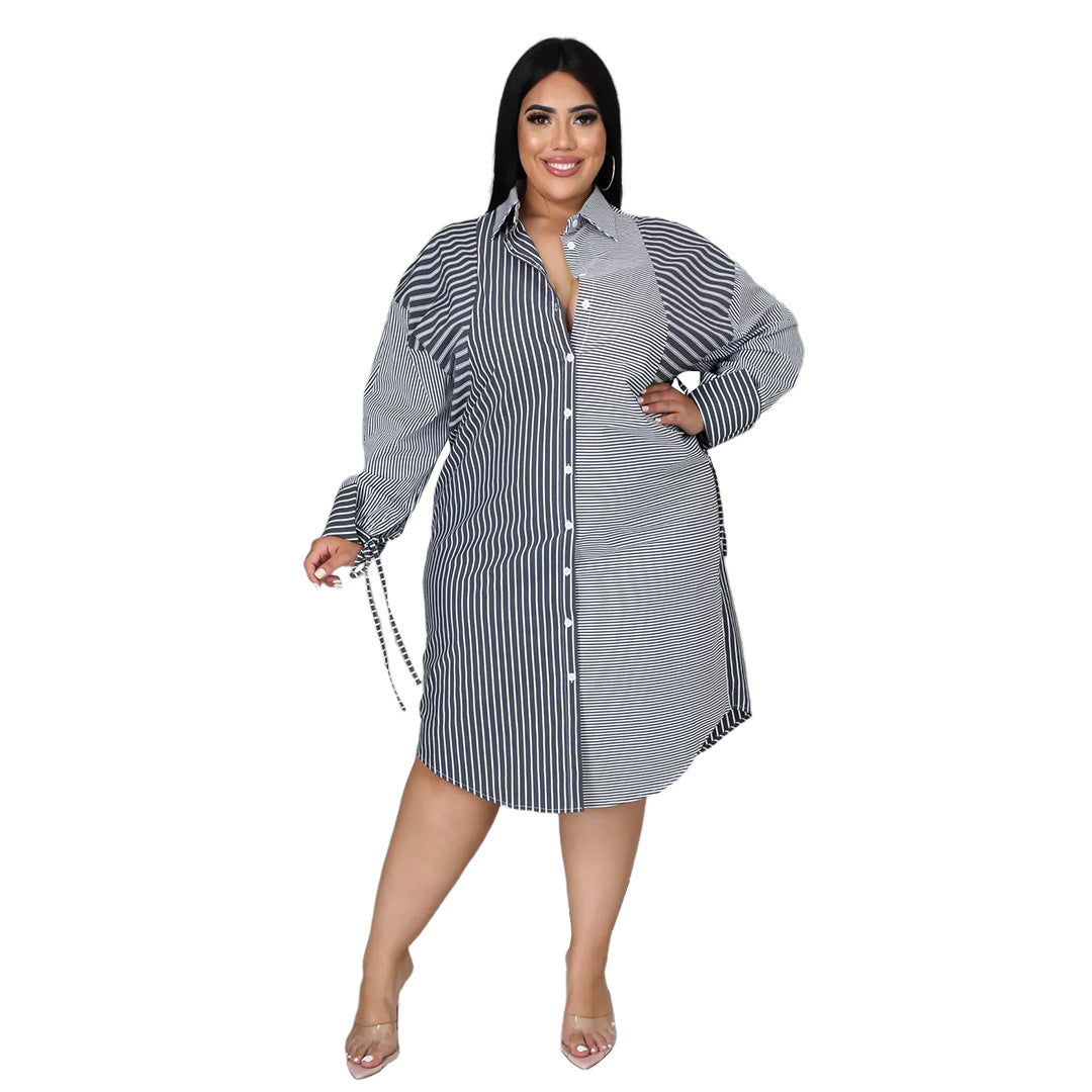 KIKIMORA Striped Stitching Long-sleeved Lapel Dress