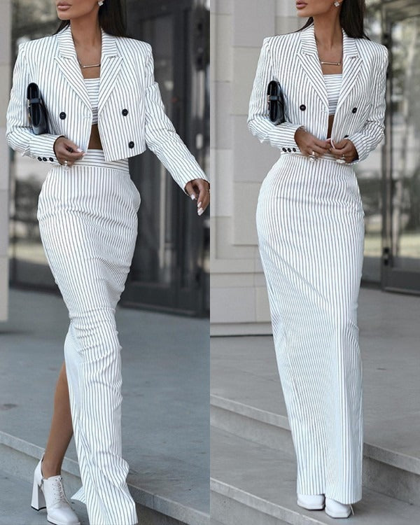 Striped Blazer & Slit Skirt Set