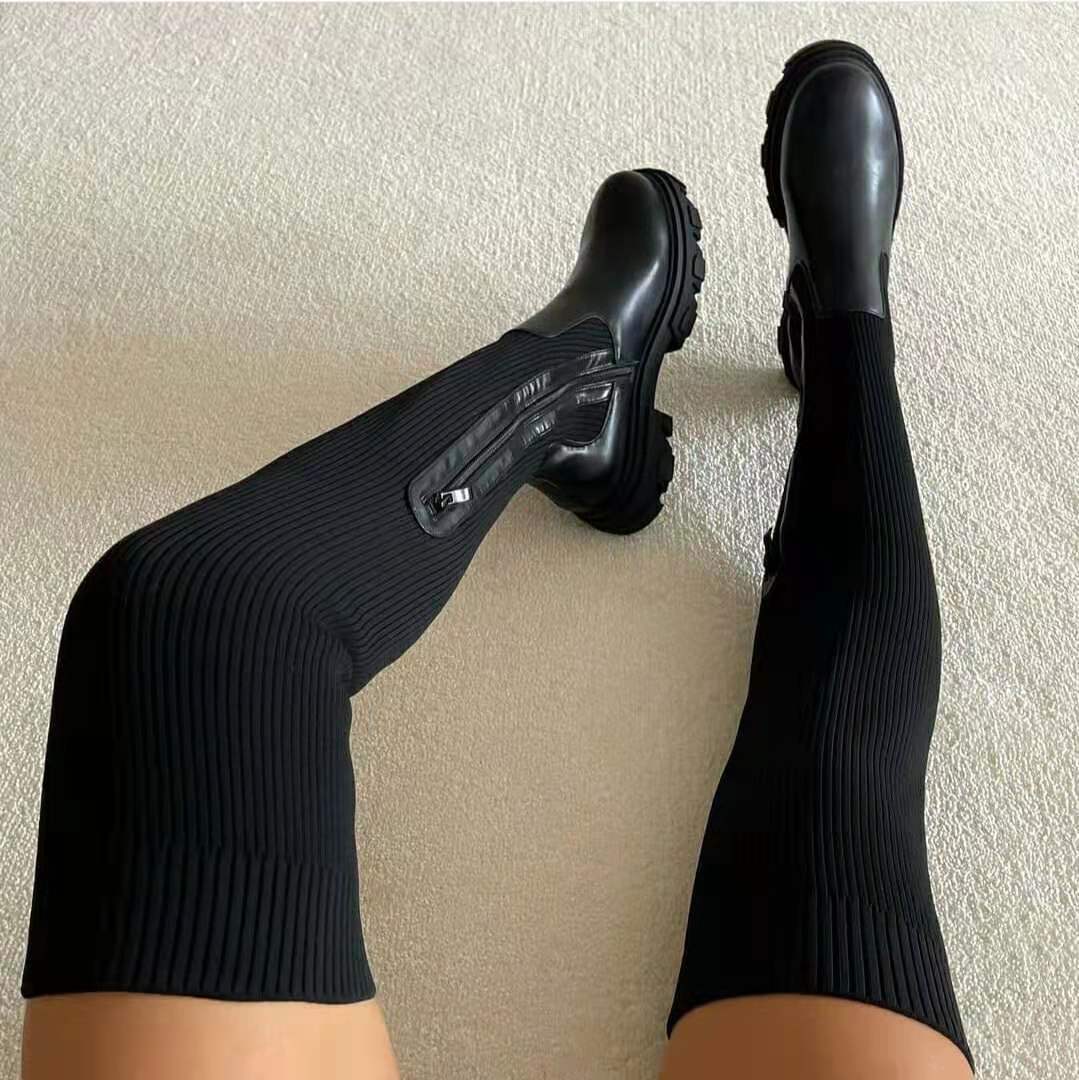 Plateforme au-dessus du genou, chaussette, bottes à fermeture éclair latérale