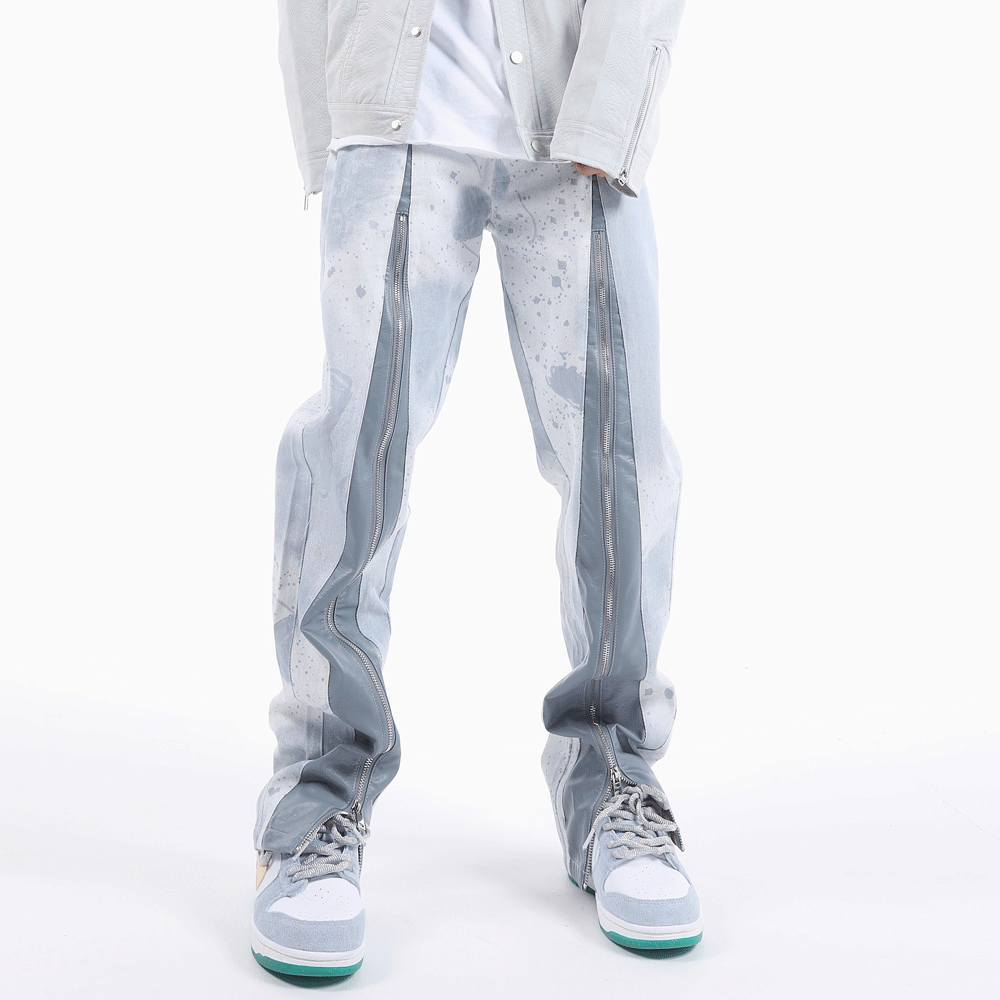 Trendy Loose PU Leather Stitching Zipper Slit Jeans