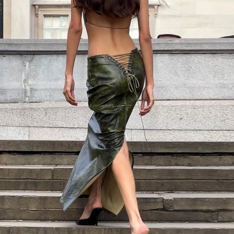 KIKIMORA faux leather bias skirt