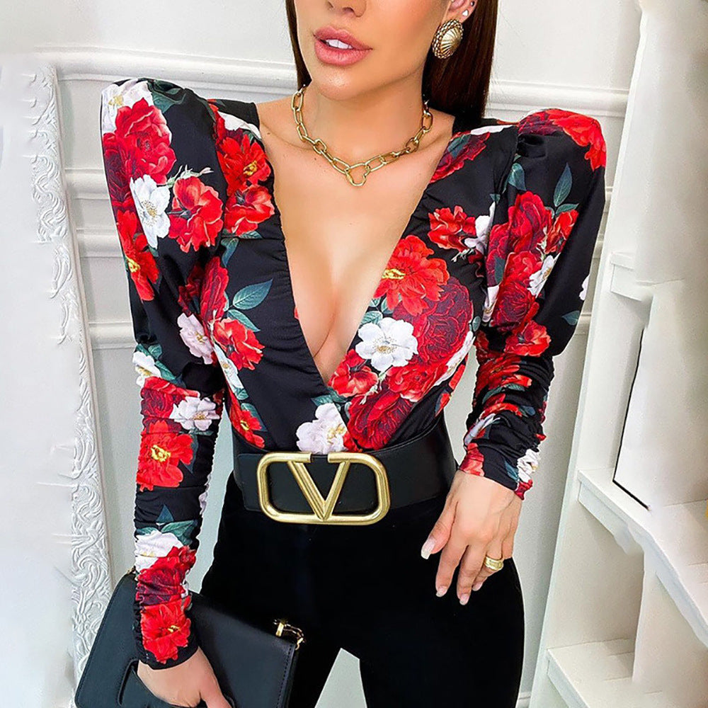 KIKIMORA V-neck Printed Long-sleeved Blouse
