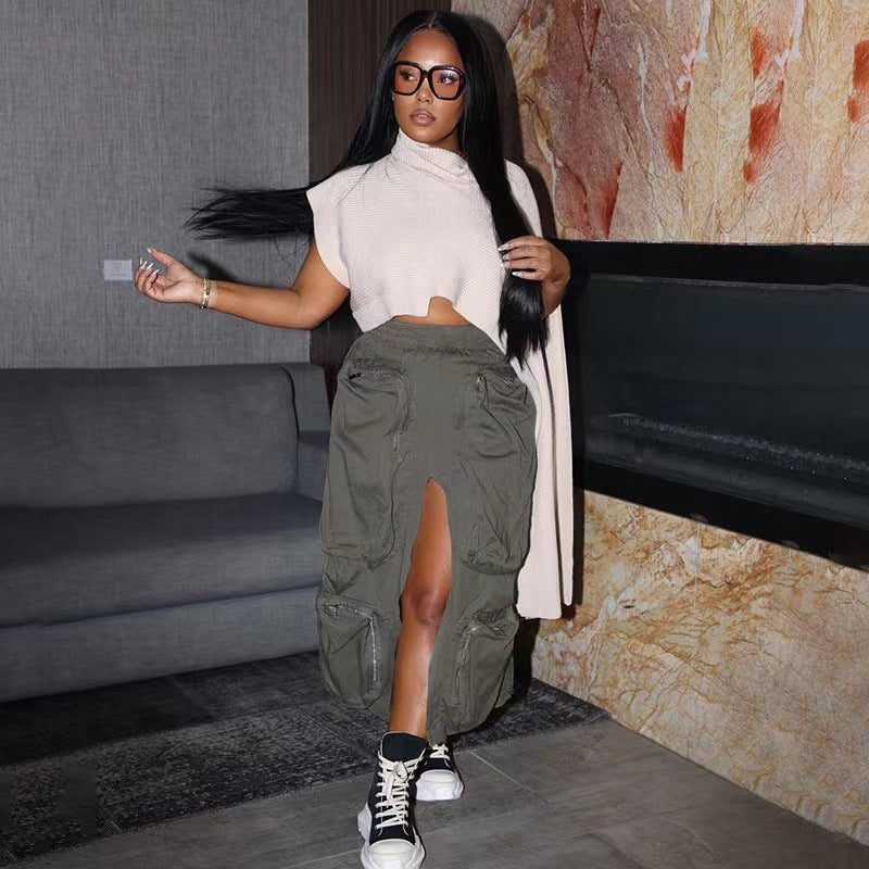 KIKIMORA Grande jupe cargo ample multi-poches avec fermeture éclair