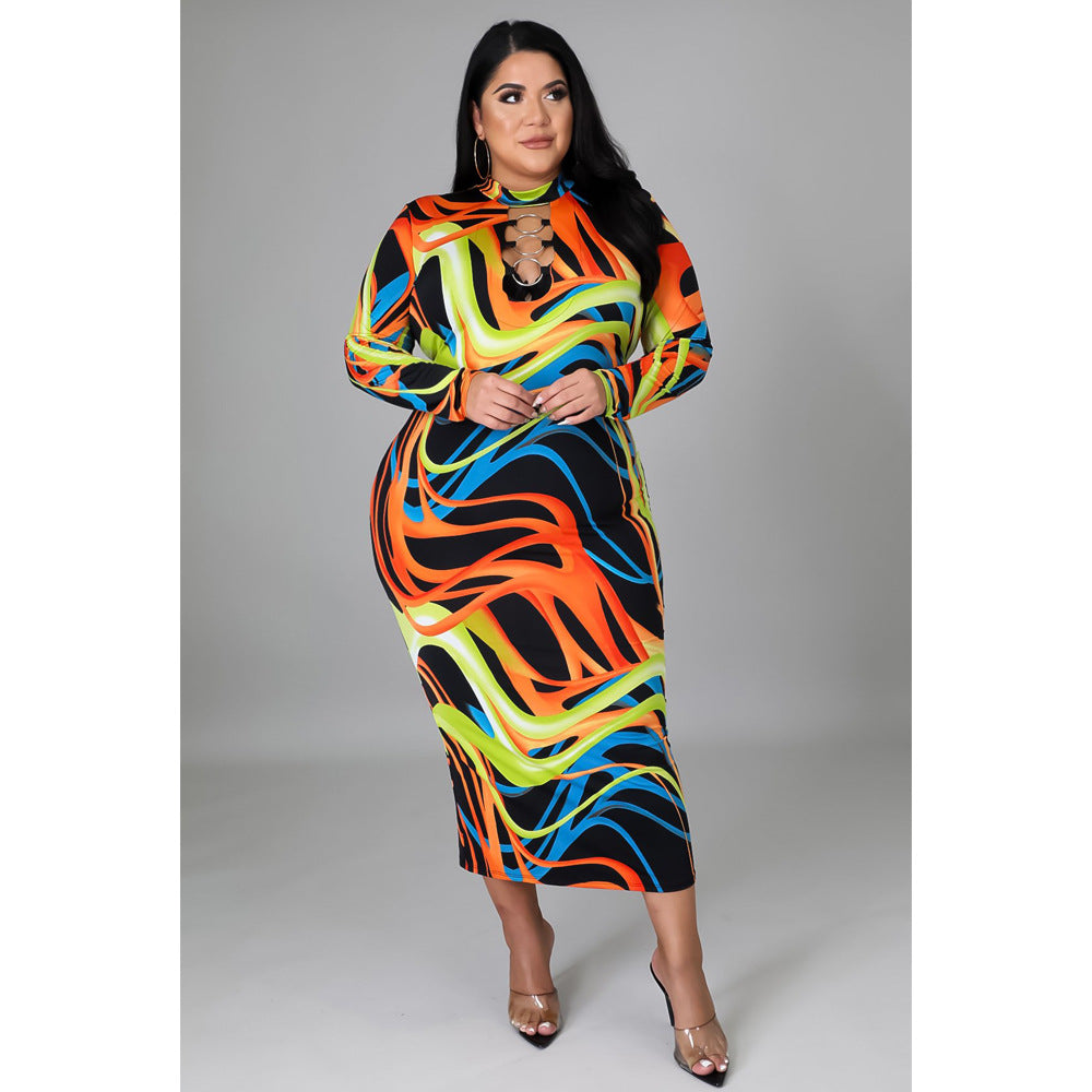 KIKIMORA Robe imprimée moulante et sexy à manches longues