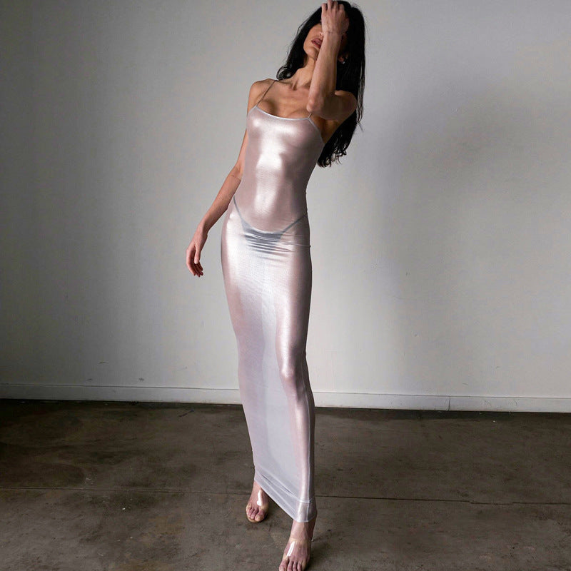 Robe longue transparente sans manches à bretelles spaghetti et taille haute