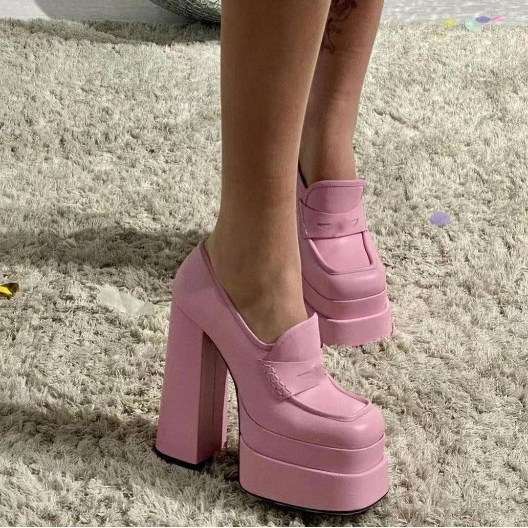 Square Toe Chunky High Heels Platform Shoes