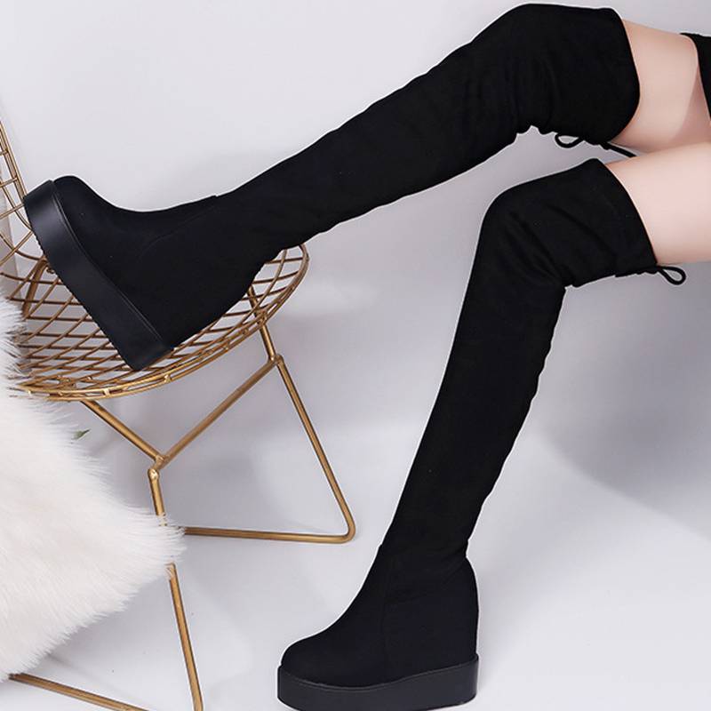 Suede Matte Slimming Stretch Over-the-knee Boots with Lightweight Platform.