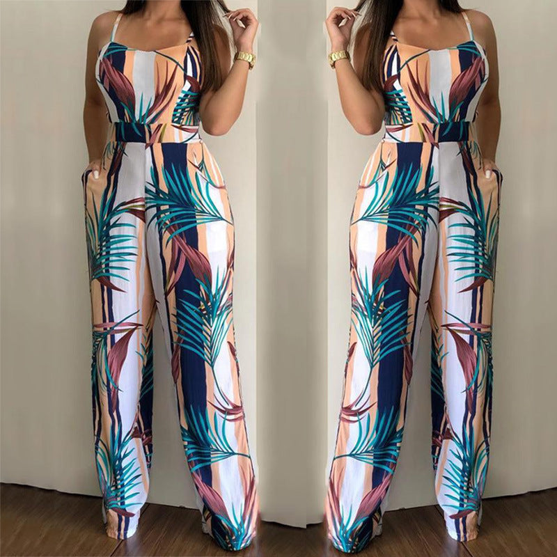 KIKIMORA Sling print high waist jumpsuit