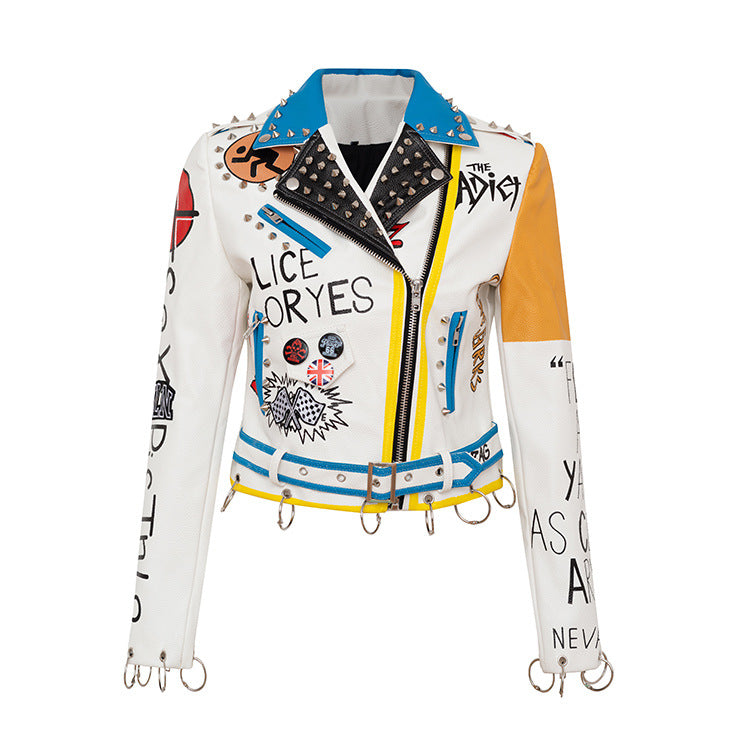 KIKIMORA Graffiti Print Motorcycle Leather Jacket