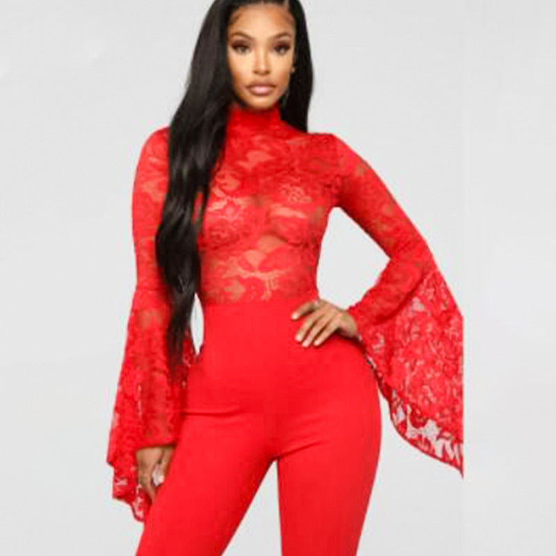 KIKIMORA Flared Sleeve Lace See-Through Jumpsuit