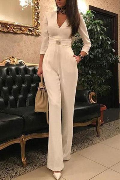 KIKIMORA Deep V7 Split Sleeve Jumpsuit