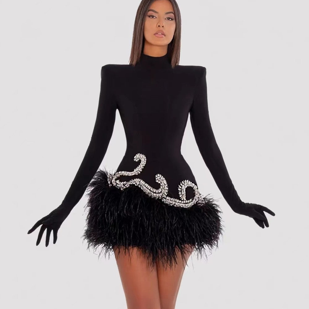 KIKIMORA Black Sexy Velvet Long Sleeve Bodycon Evening Dress with Gloves and Ostrich Feather Trim