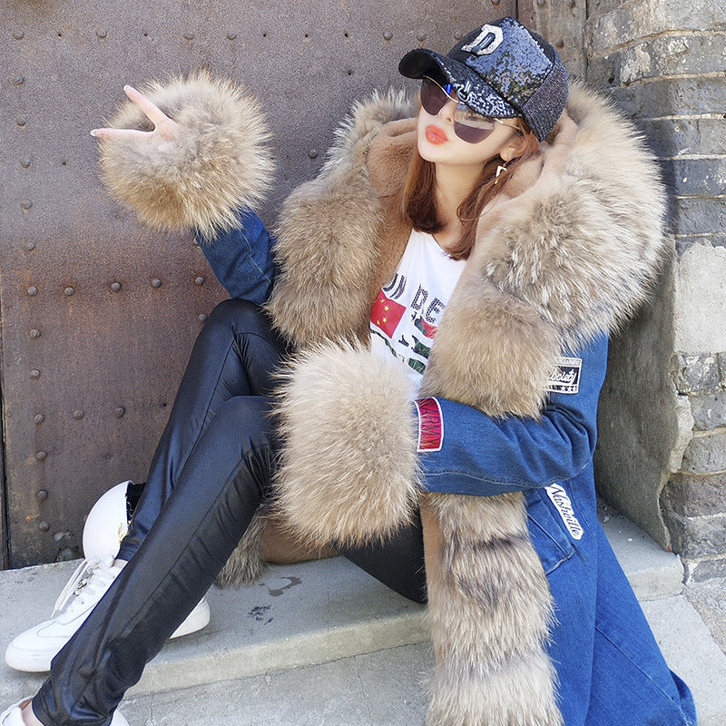 KIKIMORA Fashion Embroidered Denim and Fur Jacket