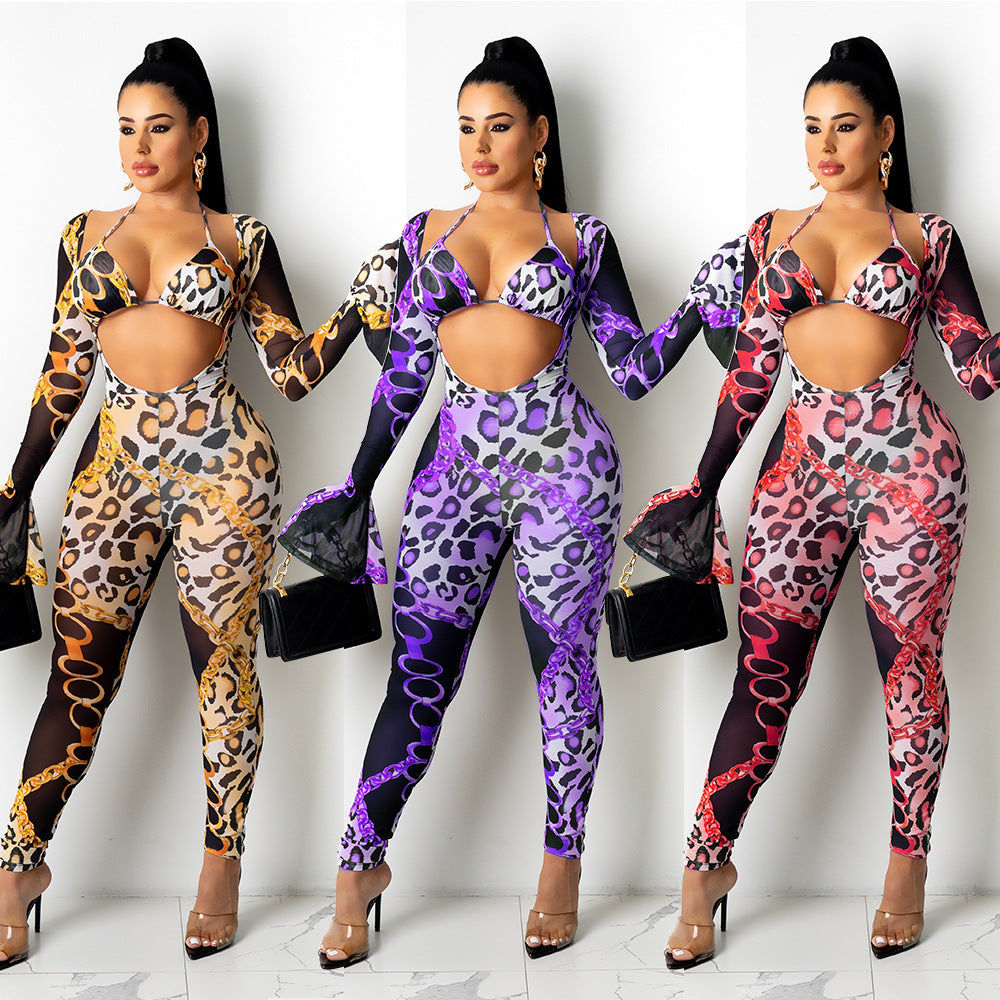 KIKIMORA Tight Mesh See-through Digital Printed Two-piece Suit