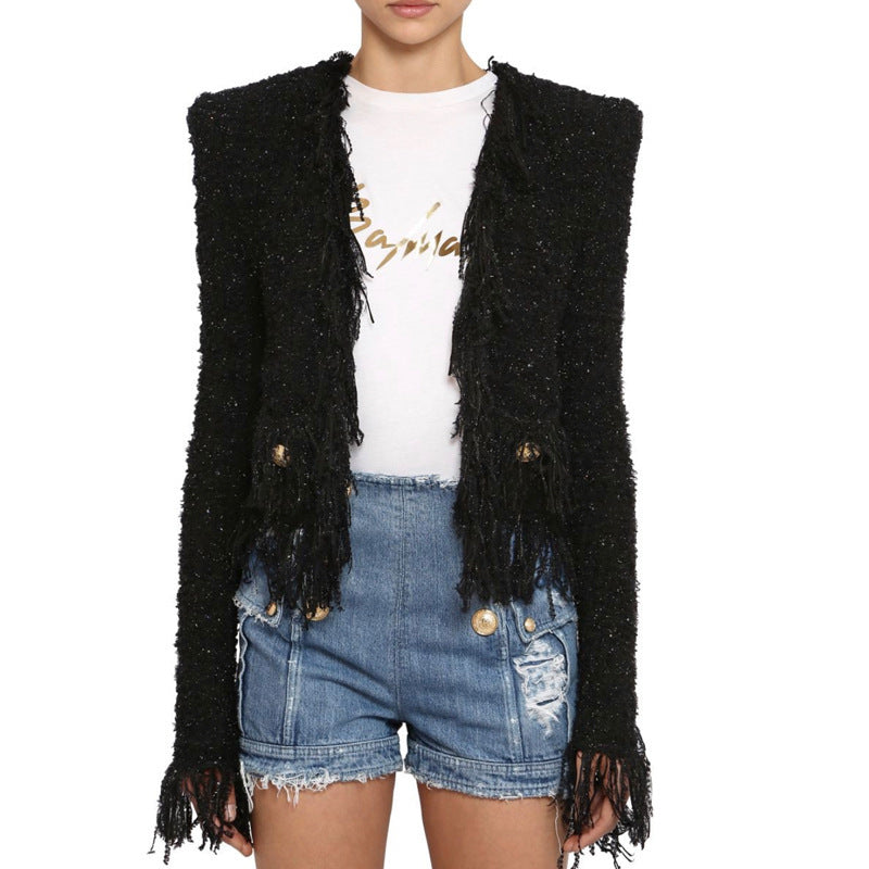 KIKIMORA Jacket With Bright Silk Tweed Fringe.