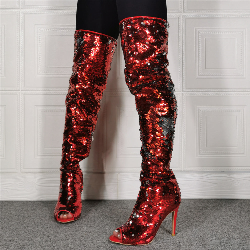 KIKIMORA Peep Toe Sequin High Heel Over Knee Boots