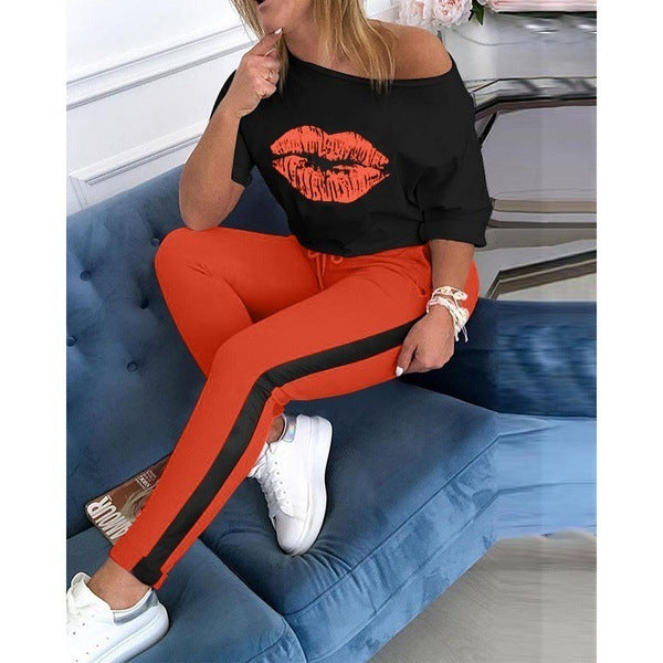 KIKIMORA Lips printed round neck short sleeve Top & trousers set